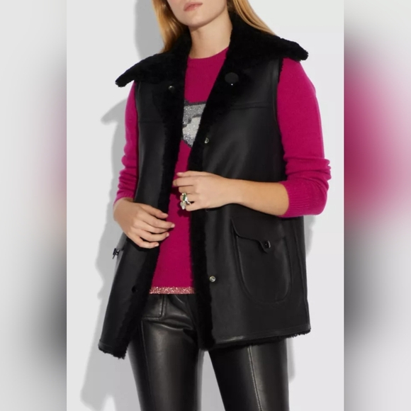 Coach Black Leather Shearling Reversible Vest Size XS